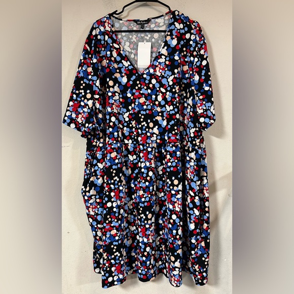 Ulla Popken Dress Womans 32/34 V-Neck Empire Waist Blue polk-a-dot, Pockets,NWT - Picture 1 of 4